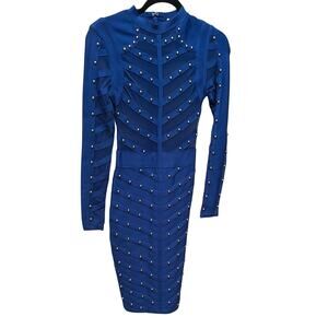 Wow Couture Gold Label Long Sleeve Bodycon Blue Dress With Gold Studs